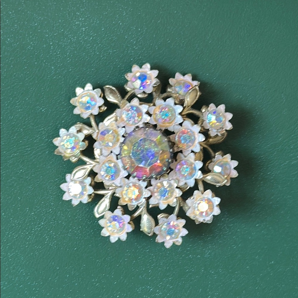 Floral Brooch with Iridescent Stones